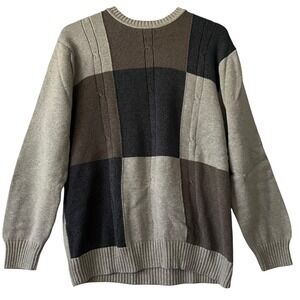 Dockers Mens XL Brown Gray Block Pattern‎ Crew Neck Cotton Knit Grunge Sweater